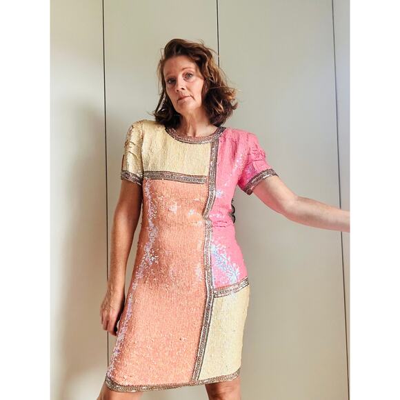 Vintage 80s Silk Sequin Pink Cocktail Dress Medium Fit Knee Length Sparkle Shine - Picture 1 of 14